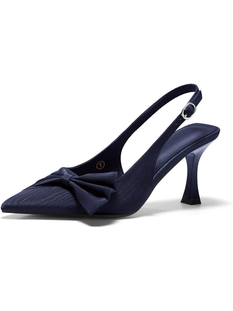Women's Slingback High Heels Bow Tie Navy Closed Pointed Toe Pumps Dress Shoes